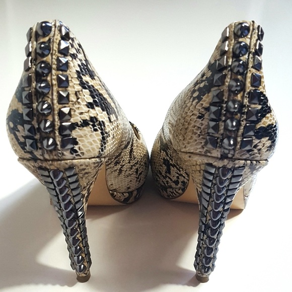 BCBGMaxazria Leather Snake Print Stud Heel Shoes - Picture 5 of 8